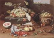 Still life of a watermelon,pears,grapes and melons,plums,apricots and pears in a basket,with a dog surprising a monkey and fraises-de-bois spilling ou